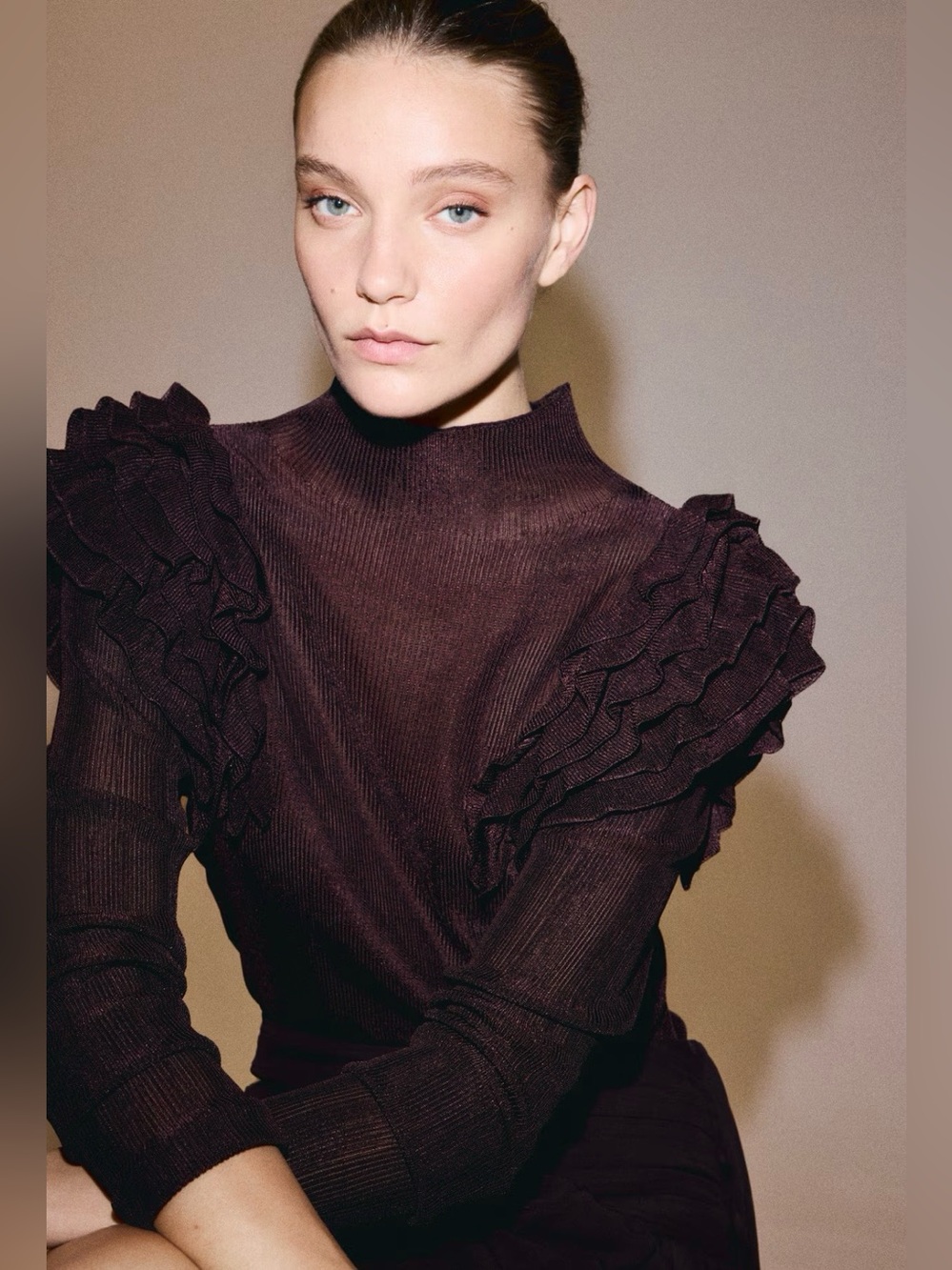 NWT H&M EDITION RUFFLE-DETAIL MOCK TURTLENECK KNIT TOP (burgundy) SMALL